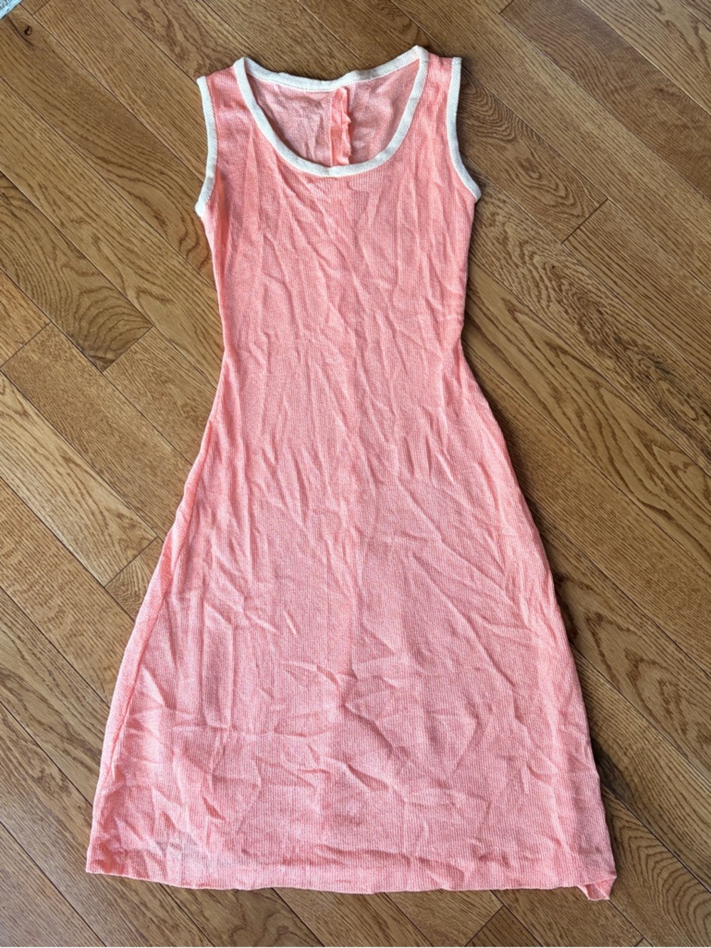 Vintage Handmade 1970’s peachy coral sleeveless bodycon dress with cream trim